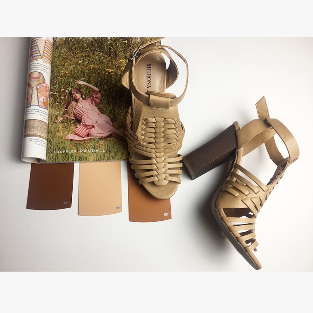 Tan Strappy Chunky Open Toe Heels